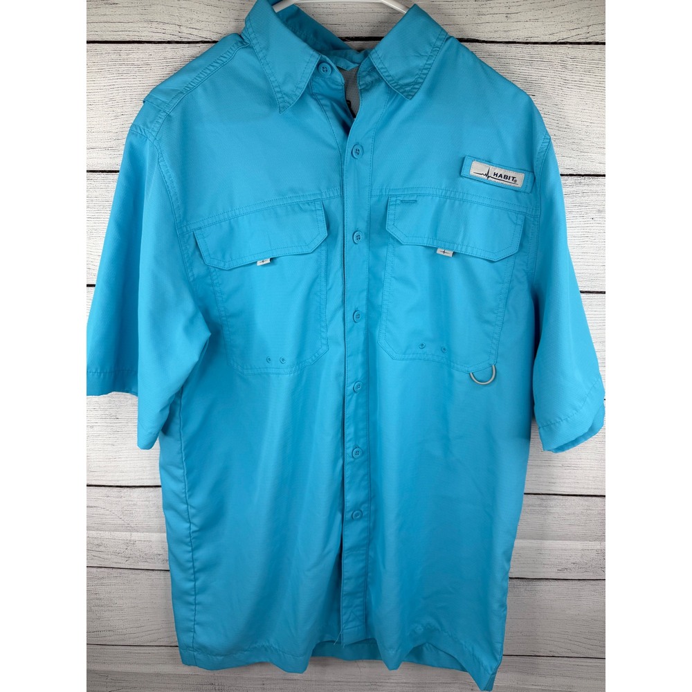 Habit Mens Fishing Shirt Short Sleeve Vented Button‎ Down Blue Small